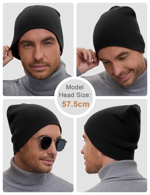 100% Cotton Beanie Hat for Men Women - Soft Unisex Winter Knit Skull Cap, Stretch Fit Fashion Fisherman Beanie, Black