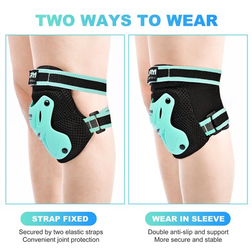 2PM SPORTS Knee Pads for Kids, Wrist Guards Knee and Elbow Pads Set with Drawstring Bag, Protective Gear Set for Girls Boys Roller Skating Cycling Skateboard - Mint Medium