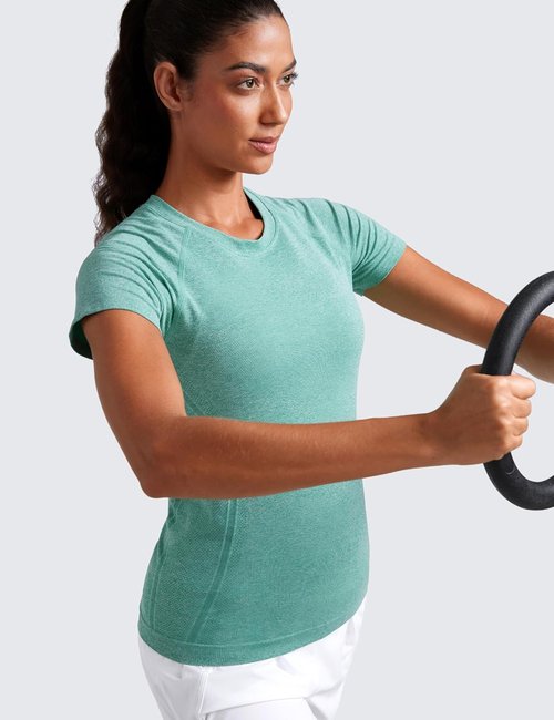 CRZ YOGA Seamless Workout Tops for Women - Breathable Short Sleeve Athletic Tees | Hip Length Gym Shirts