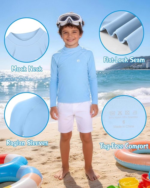 Boys' Long Sleeve Rash Guard, UPF 50+ Swim Shirt Toddler Kids, SPF UV Sun Protection Water Shirts for Beach Surf