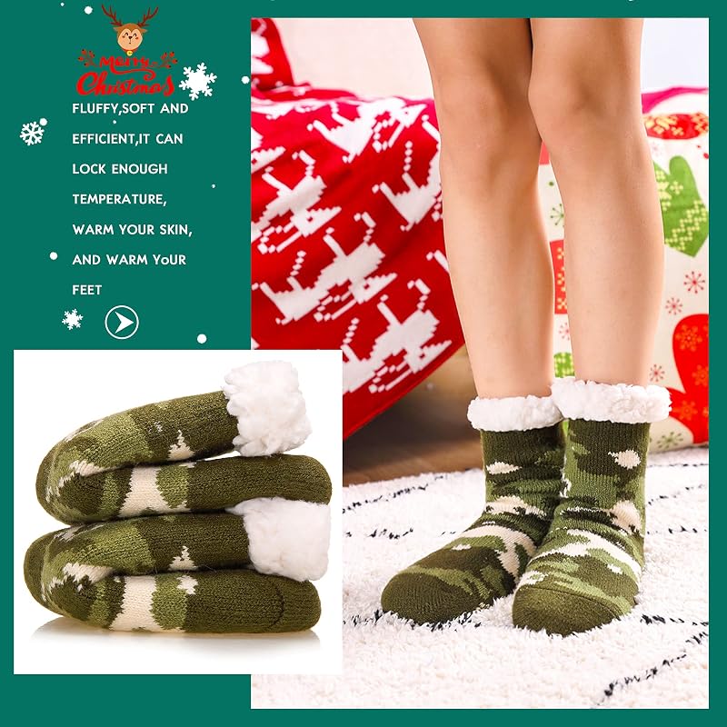 Green Camouflage DoSmart Kids Fuzzy Slipper Socks – Warm Plush Indoor Winter Stockings (8-12 Years)