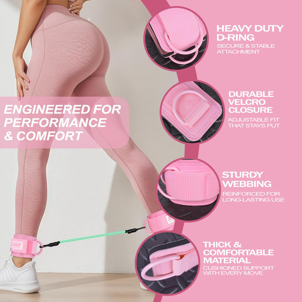 Ankle Straps Resistance Bands with Cuffs, Ankle Bands for Working Out, Ankle Resistance Band for Leg, Booty Workout Equipment for Kickbacks Hip Fitness Training (Pink with 3 Resistance Bands)