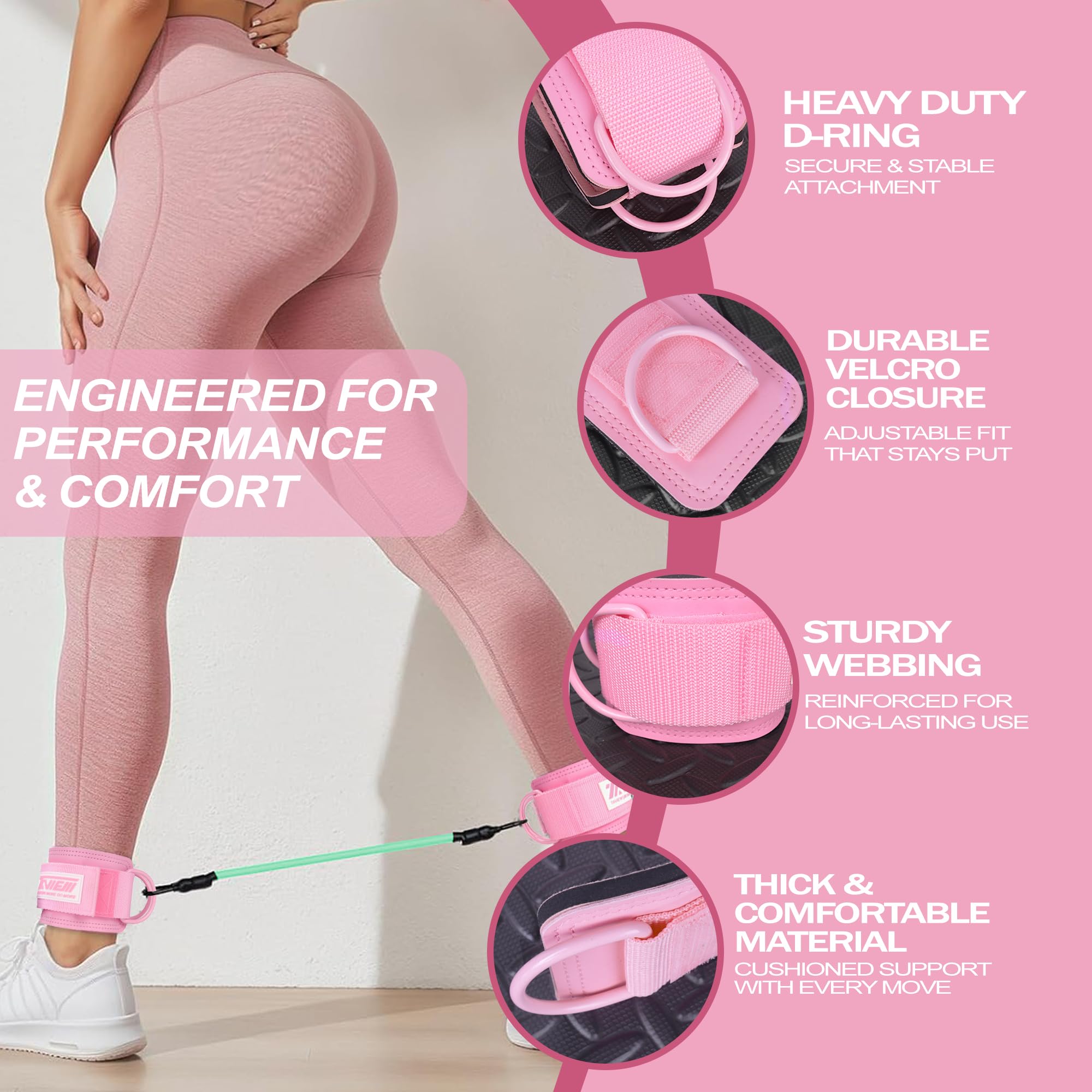 Ankle Straps Resistance Bands with Cuffs, Ankle Bands for Working Out, Ankle Resistance Band for Leg, Booty Workout Equipment for Kickbacks Hip Fitness Training (Pink with 3 Resistance Bands)