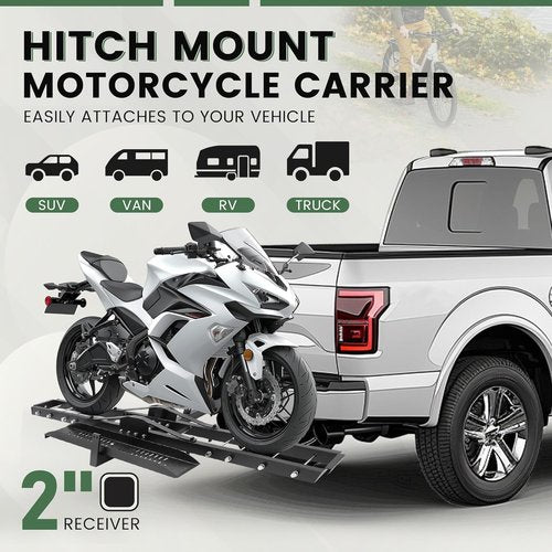 ECOTRIC 500LB Heavy-Duty Motorcycle Carrier - Powder Coated Black with Loading Ramp & Tilt Lock