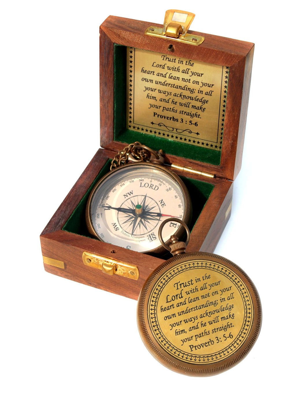Trust in The Lord with All Your Heart -Proverbs 3: 5-6 Quote Engraved Compass with Wooden Box, Baptism Gifts for Boys, Inspirational Gifts Men, Graduation Day Gifts, First Communion Gifts