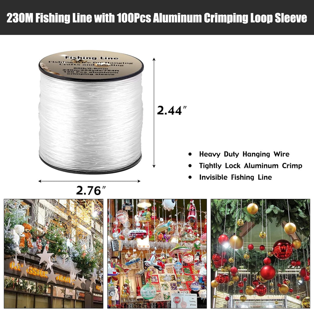 Skiennix Strong Clear Invisible Hanging Wire - 0.8mm 75 Lb, 754 FT Nylon Fishing Line with 120 Pcs Aluminum Crimping Sleeves for Crafts and Decorations