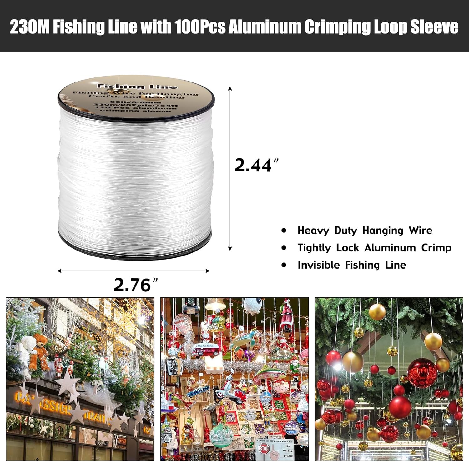 Skiennix Strong Clear Invisible Hanging Wire - 0.8mm 75 Lb, 754 FT Nylon Fishing Line with 120 Pcs Aluminum Crimping Sleeves for Crafts and Decorations