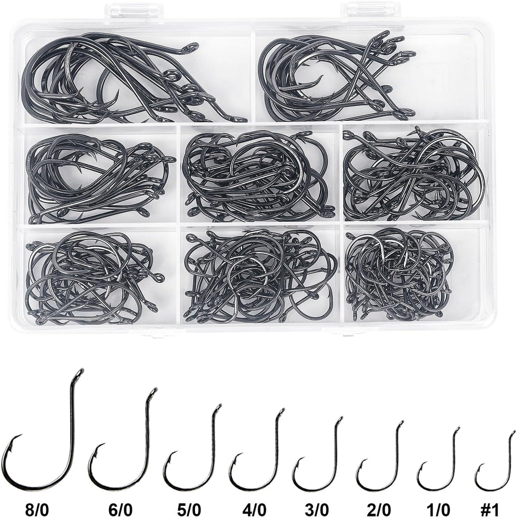 UCEC Circle Hooks - 2X Strong Offset Fishing Hooks for Saltwater | High Carbon Steel, 150/240pcs, Sizes #1-8/0