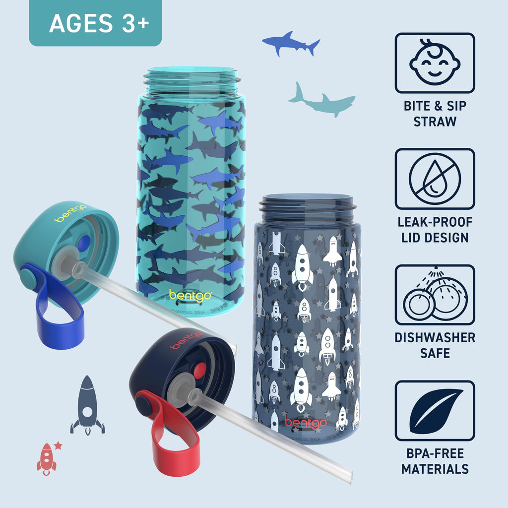 Bentgo Kids Water Bottle 2-Pack - Leak-Proof Durable Tritan BPA-Free 15 oz Cup for Kids/Toddlers Ages 3+; Bite & Sip Spout + Dishwasher Safe for School/Sports/Daycare/Camp (Rocket/Shark)