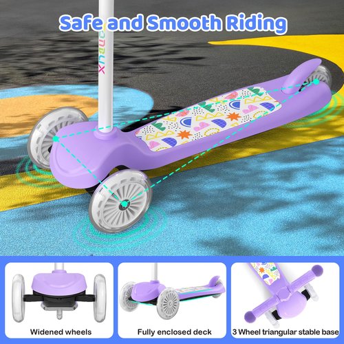 TONBUX Kids Scooter for Ages 3-8, Toddler Scooter with Light-Up Deck and Wheels, Adjustable 4-Level Height 3-Wheel Scooters for Kids, Lean-to-Steer Design (Purple)