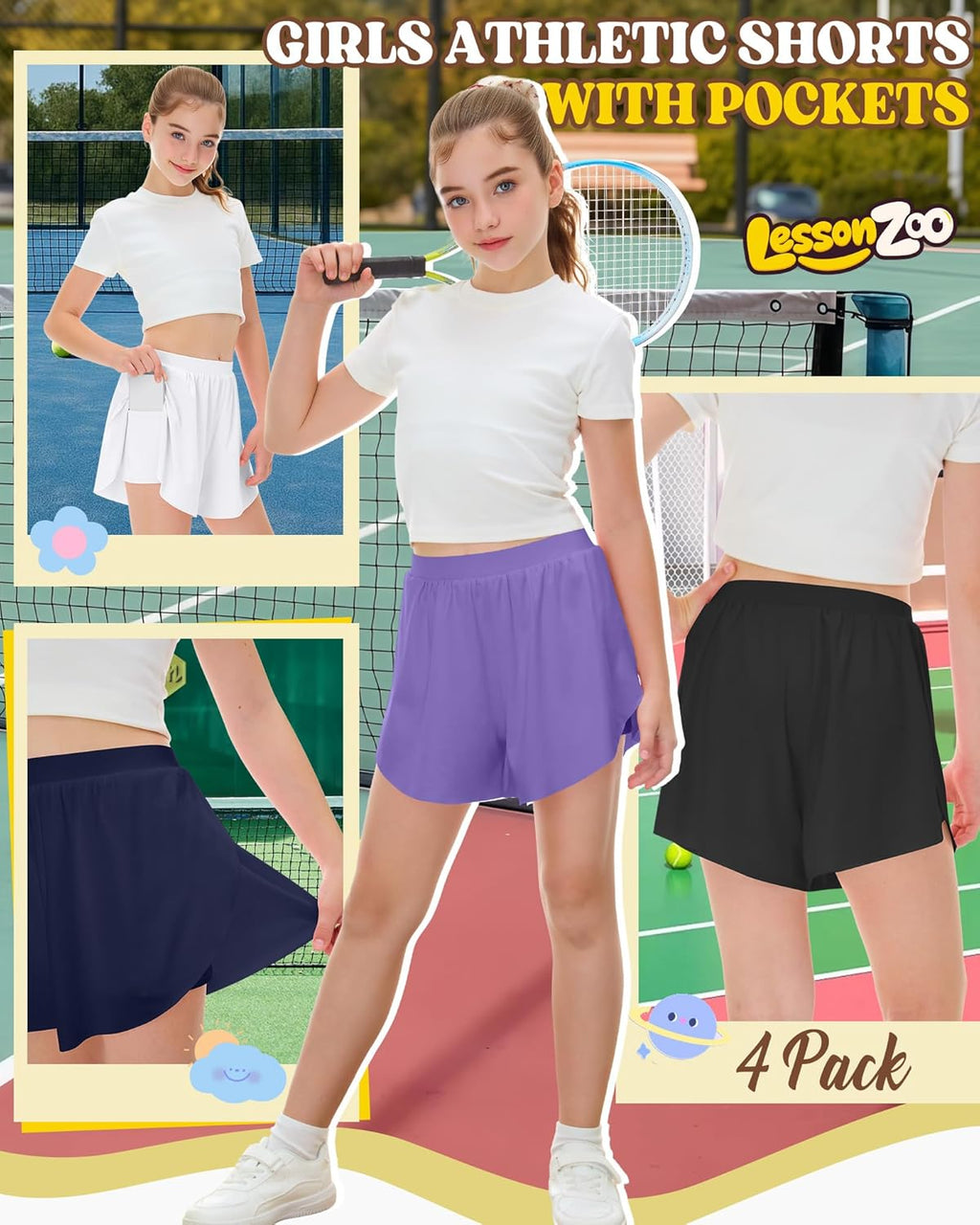 Skiennix Girls' Athletic Shorts - 2 in 1 Flowy Butterfly Skirts | Quick Dry High Waist with Pockets, 4 Pack