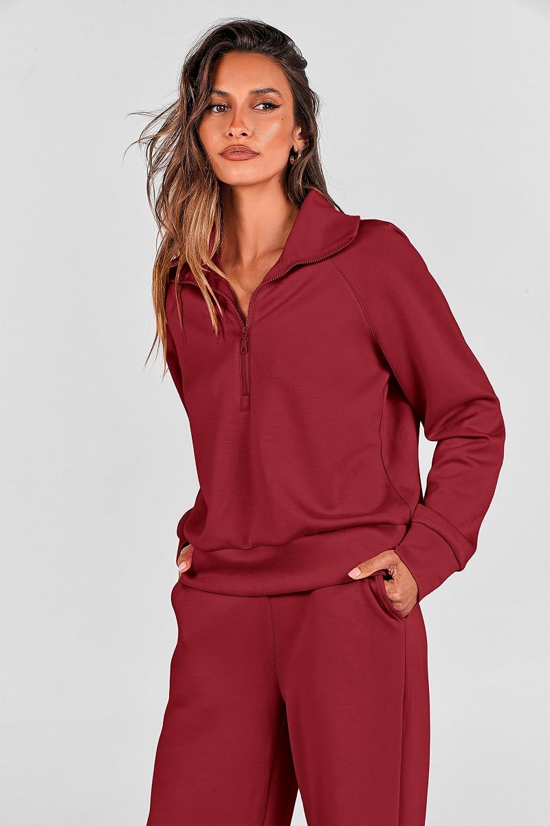 2-Piece Lounge Set for Women - Half Zip Sweatshirt + Palazzo Pants, Wine Red, Size M