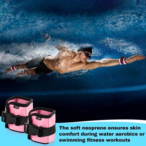 Hollowfly 2 Pairs Ankle Wrist Weights for Land or Aquatic Exercise Aqua Cuffs Aqua Aerobics Fitness Bands for Ankle and Wrist Adjustable Weights for Swimming Pool Workout Equipment(Pink,1lb)