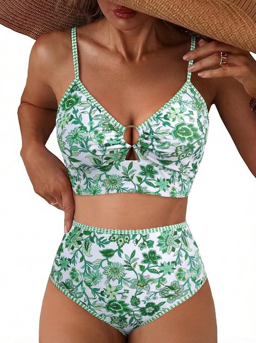 Herseas Women's O Ring Bikini Set - Floral Print High Waisted Swimsuit | 2-Piece Swimwear