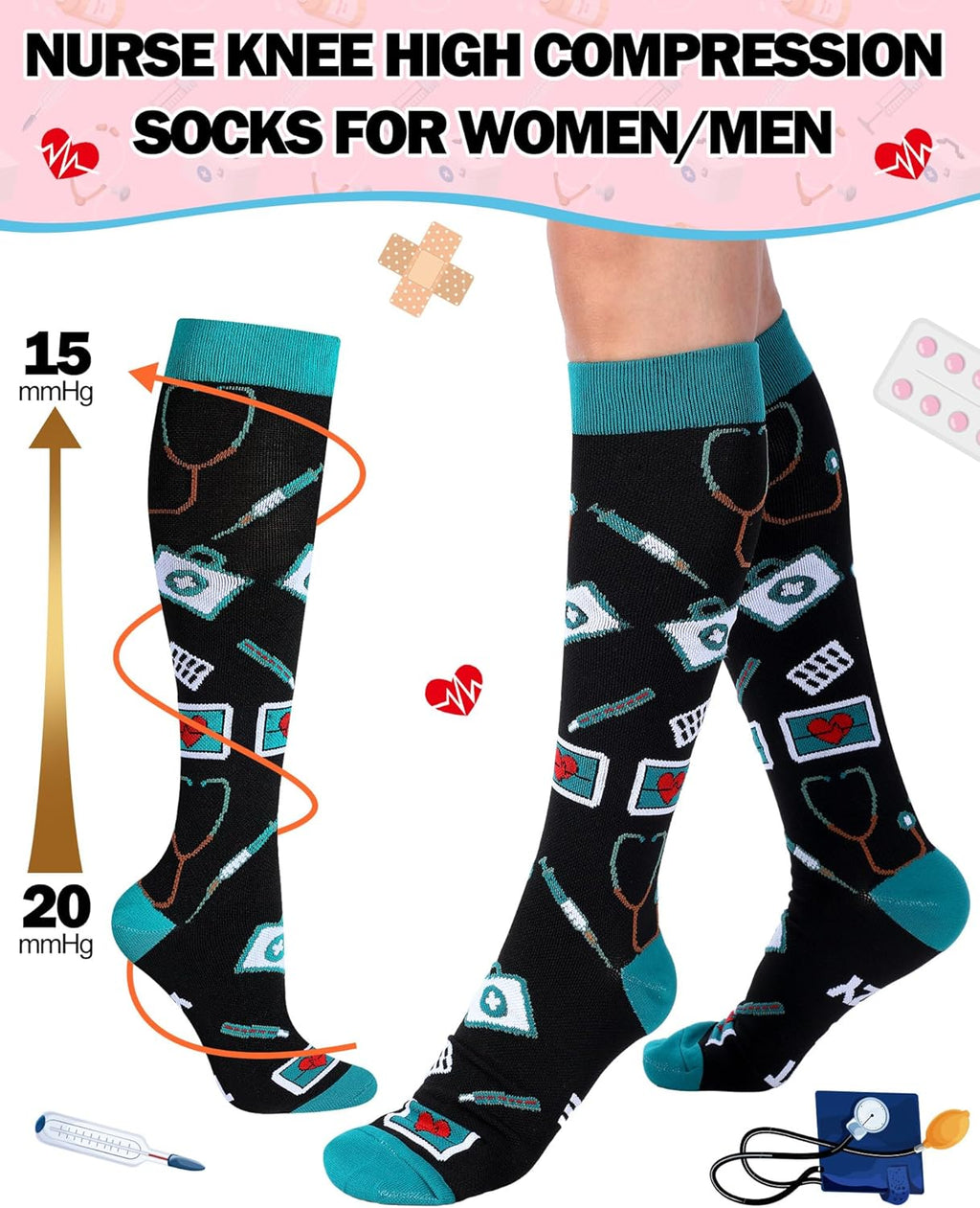 Skiennix Nurse Compression Socks - 15-20 mmHg Knee High Support for Circulation | 6 Pairs, Ideal Gift for Medical Staff