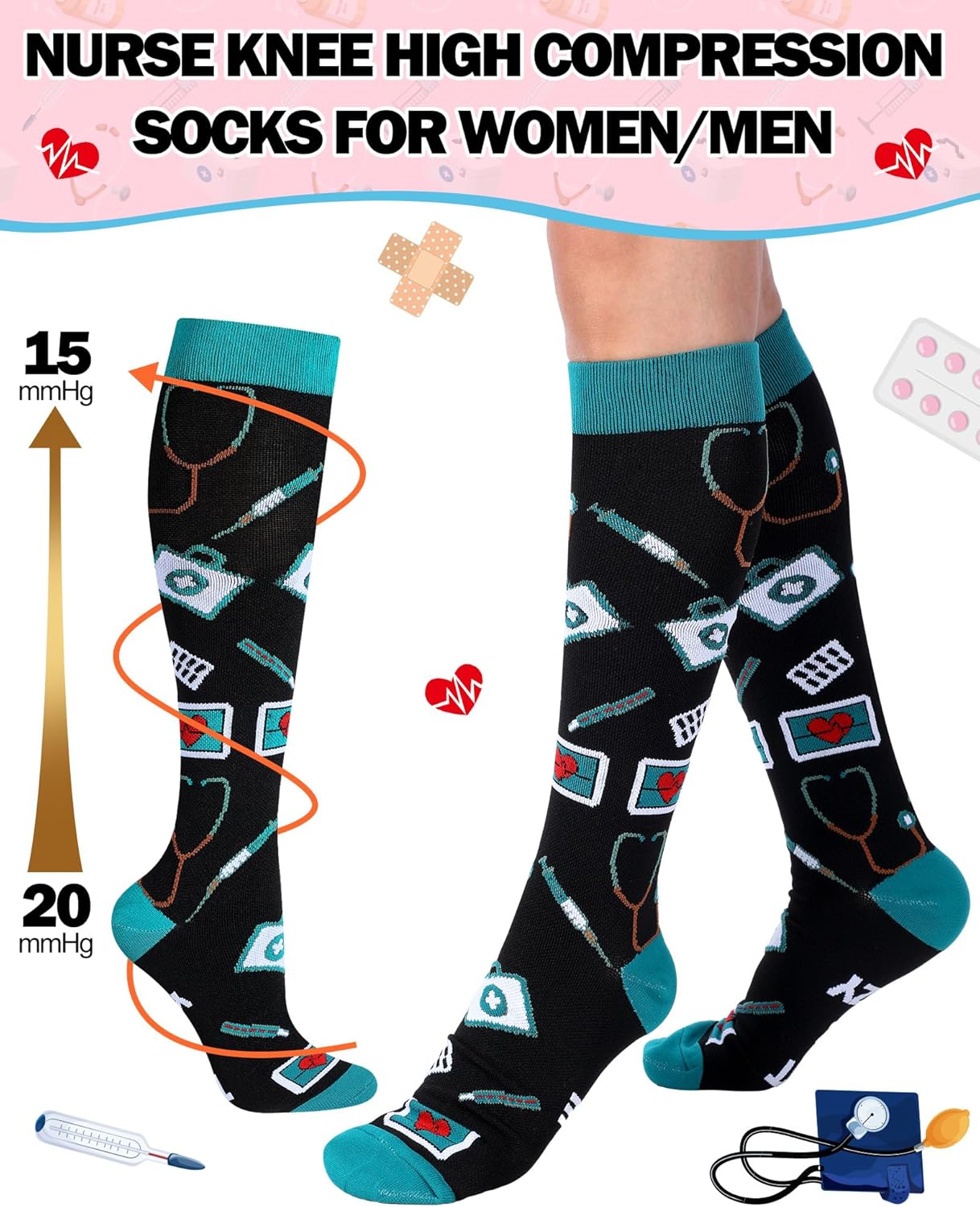 Skiennix Nurse Compression Socks - 15-20 mmHg Knee High Support for Circulation | 6 Pairs, Ideal Gift for Medical Staff