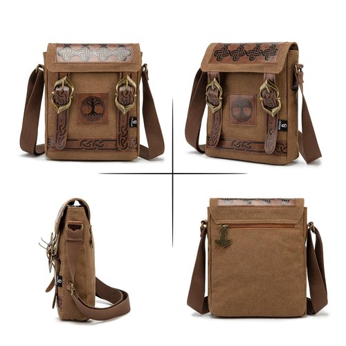 SV SENVAN Medieval Renaissance Crossbody Bag – Viking Steampunk Canvas Sling Pack，Brown Embossed with Metal LARP, Travel & Urban Adventures