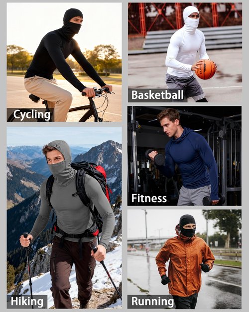 Roadbox Men's Compression Shirt Hoodie with Mask, Long Sleeve Workout Athletic Base Layer, Sports Gym Running Undershirt Top Black