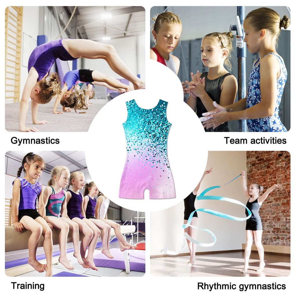 Funnycokid Gymnastics Leotards for Girls Kids Outfits Sparkly Unitards Clothes with Shorts, Diamond Mint Green Pink, 6-7 Years