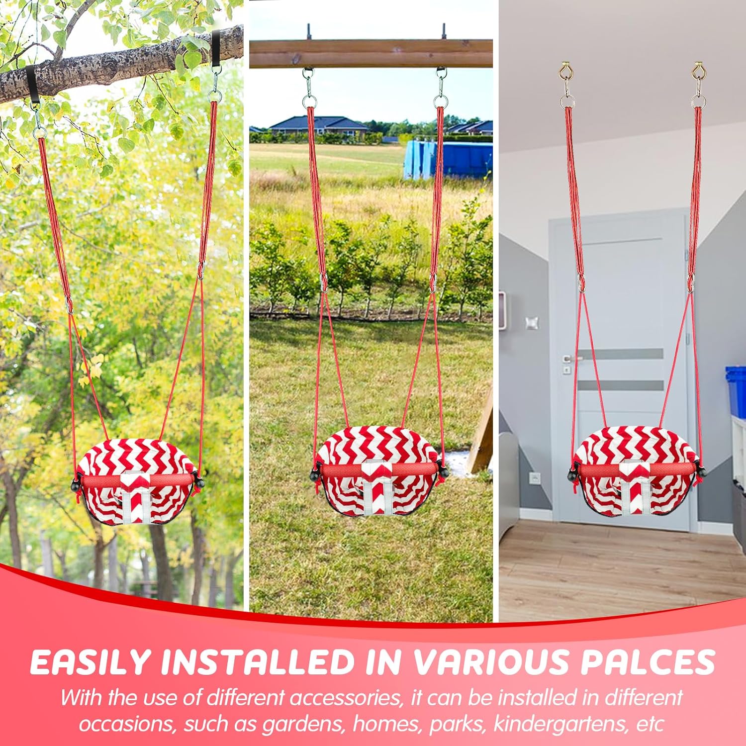 Skiennix Toddler Swing - Comfy Indoor/Outdoor Baby Swing Seat with Safety Harness & Quick Lock System (Red)