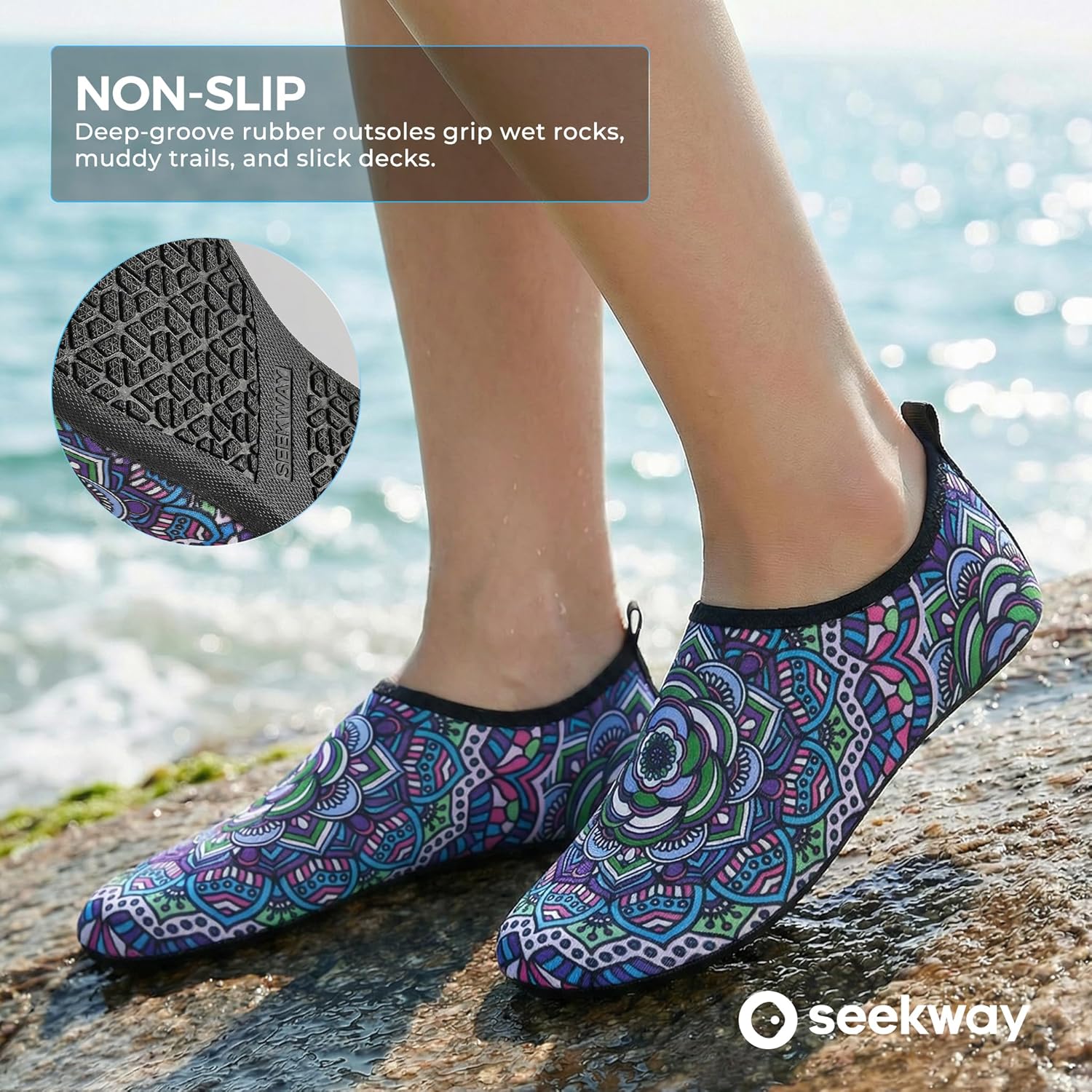 SEEKWAY Water Shoes - Quick-Dry Aqua Socks for Men & Women | Non-Slip Barefoot Design - Black