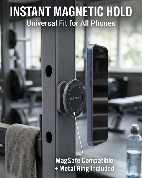 All-Aluminum Magnetic Gym Phone Holder for MagSafe and Android | Industrial N54 Magnets | Rock-Solid Mount for Squat Racks & Metal Gym Equipment | 360° Adjustable | Includes Metal Ring