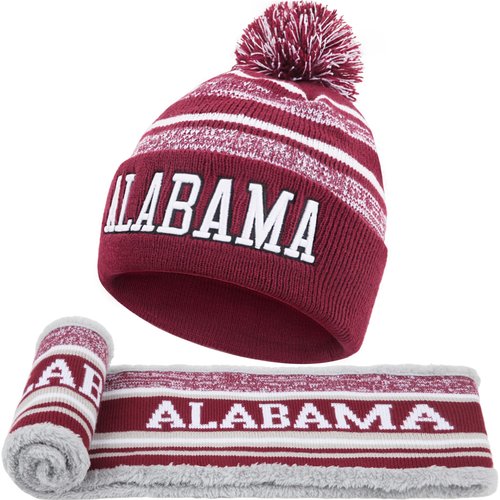 Alabama Beanie Hat Scarf Set for Men, Knit Pompom Beanie Cap, Football Fans Fashion Toque Cap, Neck Warmer Scarves,Winter Gifts for Sport Fans with Stickers