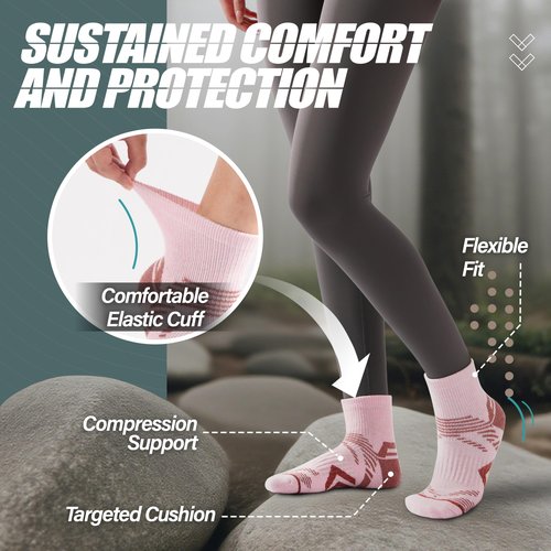 ANTSANG 6 Pairs Merino Wool Quarter Ankle Hiking Running Socks Compression Thermal Thick Cushion Socks for Women Men(Pink Series,M)