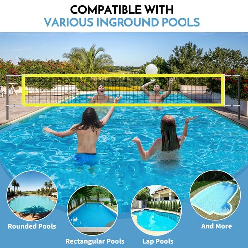 Base Free Swimming Pool Volleyball Net Set for Above Ground/Inground Pools with 1.5“ Aluminium Poles, 15-25 Width Adjustable Anti-Sagging Net, 2 Water Volleyballs and Carry Bag (Yellow)