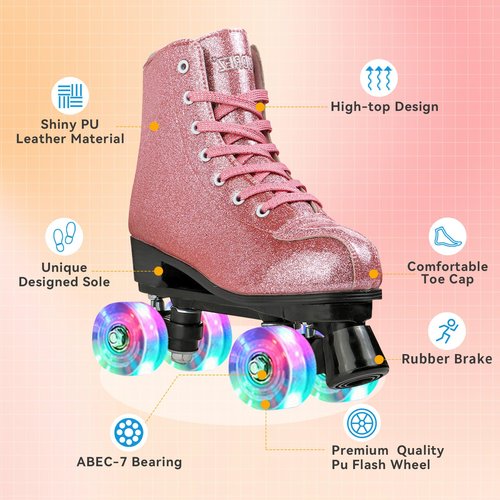 Roller Skates for Women Men Shiny PU Leather High-top Roller Skate Shoes for Beginner Classic Double-Row Roller Skates, Indoor Outdoor Roller Skates (Crystal Pink Flash Wheels,41)