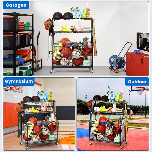 Kinghouse Basketball Rack - Steel Sport Equipment Organizer with Bat Holder & Hooks | Easy Assembly for Garage & Home Gym