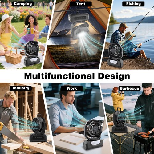 Roykaw Camping Fan 20800mAh Rechargeable Battery Powered Fan for 60 Hrs Cooling, Oscillating Fan with Battery Level Display, Colorful LED Lights & Timer Function,Black
