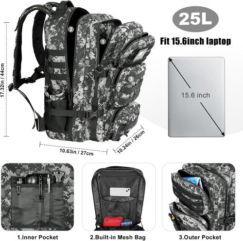 Military Tactical Backpack - 25L Molle Assault Pack | Water-Resistant Heavy-Duty Rucksack - Black Digital Camo