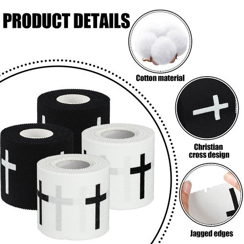 4 Pcs Christian Athletic Tapes Religious Sport Tape with Cross White Black Cross Athletic Wrist Tapes for Sports Gymnastics Tennis Baseball Boxing Athlete First Aid Injury Wrap, 2inx23ft