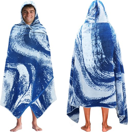 COTTON CRAFT Hooded Beach Towel - Oversized XXL 35x84 Soft Cotton Velour - Waves Blue for Adults