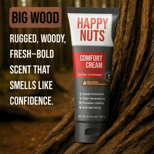 Happy Nuts Comfort Cream Deodorant - Aluminum-Free Anti-Chafing & Odor Control for Men | 3.4 Fl Oz (Big Wood)