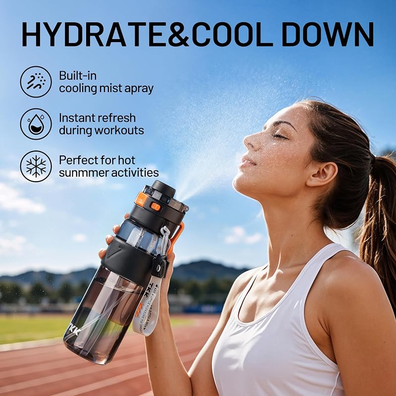 Misting Water Bottle 25oz BPA-Free Tritan with Spray Mist, Leak-Proof Flip Top, 2 Drinking Modes - Black