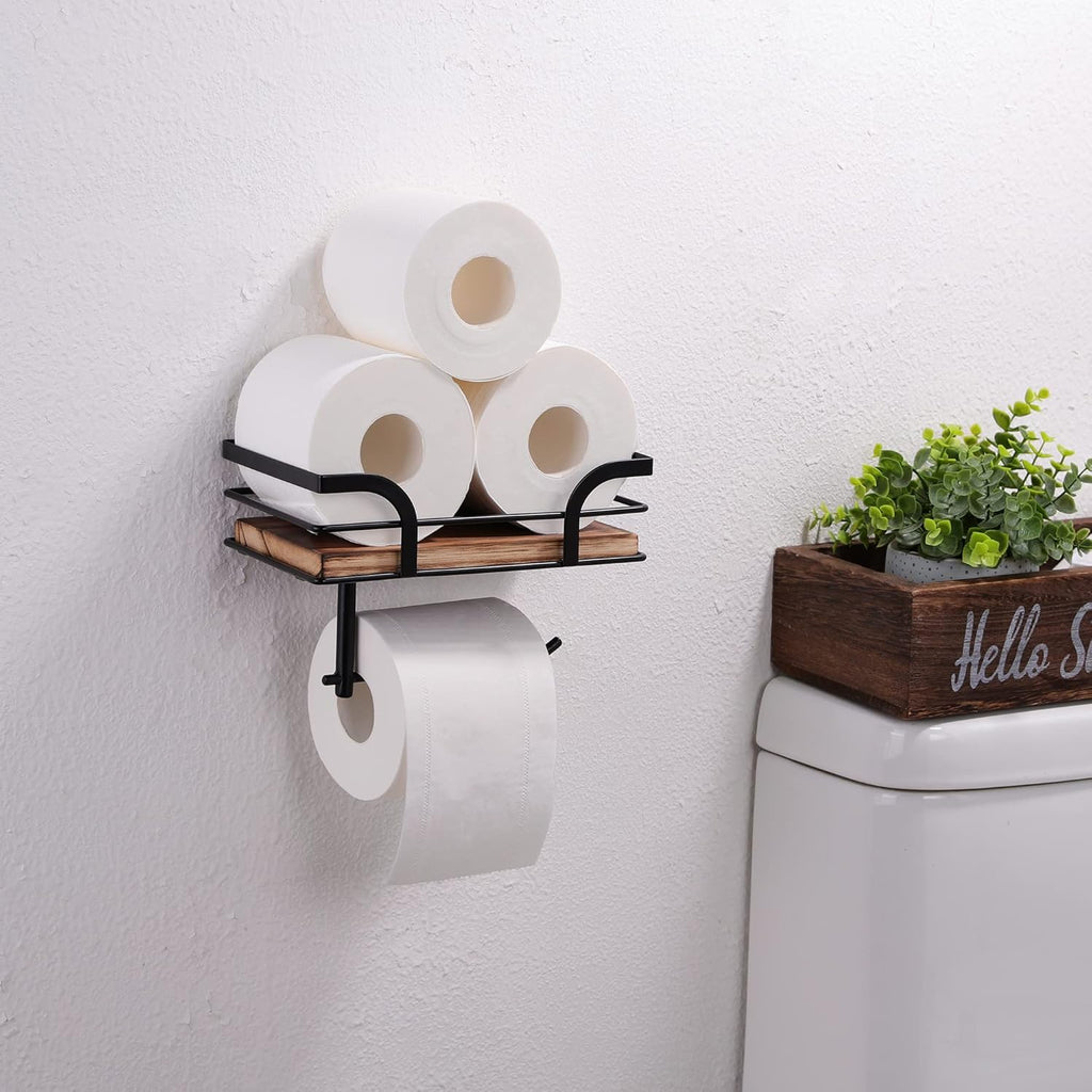 Rustic Farmhouse Toilet Paper Holder | Stylish Bathroom Organizer with Shelf - Warm Brown Wood & Black Metal