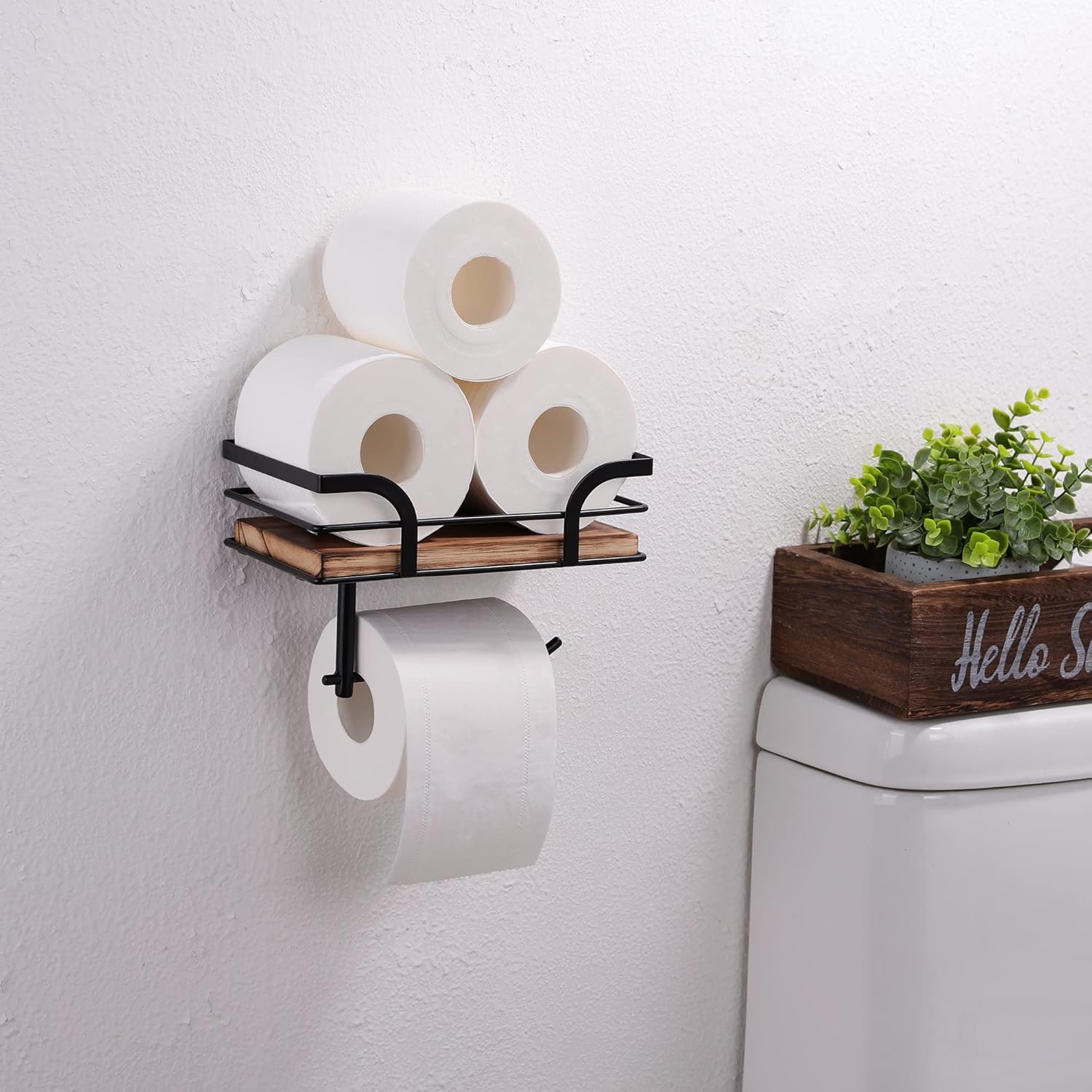 Rustic Farmhouse Toilet Paper Holder | Stylish Bathroom Organizer with Shelf - Warm Brown Wood & Black Metal