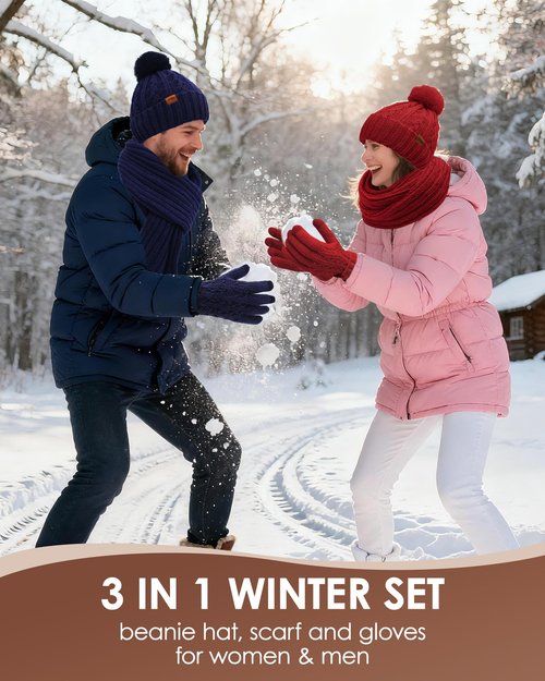 Womens Winter Beanie Hat Scarf Gloves Set, Fleece Lined Knitted Hat with Pompom Long Scarf Touchscreen Mittens for Women Men (Oatmeal)