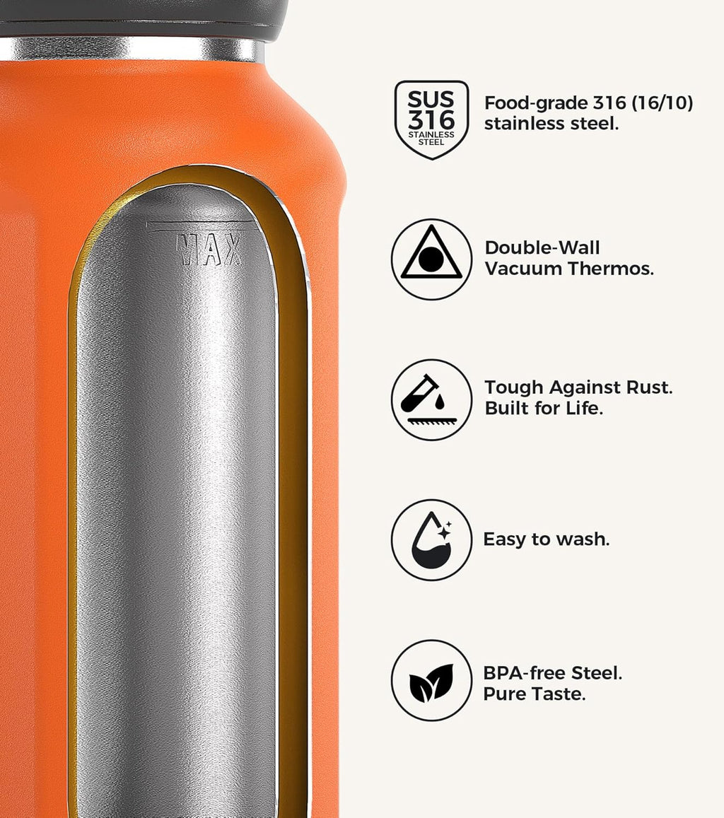 TakeToday 20oz Insulated Water Bottle - Stainless Steel Double-Wall Thermos | Leakproof & BPA-Free, Orange