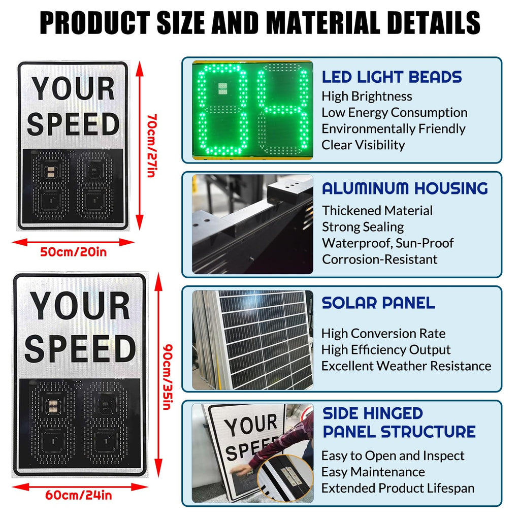 80w Solar LED Radar Speed Signs, Radar Speed Signs, Sign Road Safety Speed Limit Detector, Flashing Speed Limit Indicator,Aluminum Radar Speed Display Road Warning Board(19.6x27.5inch)