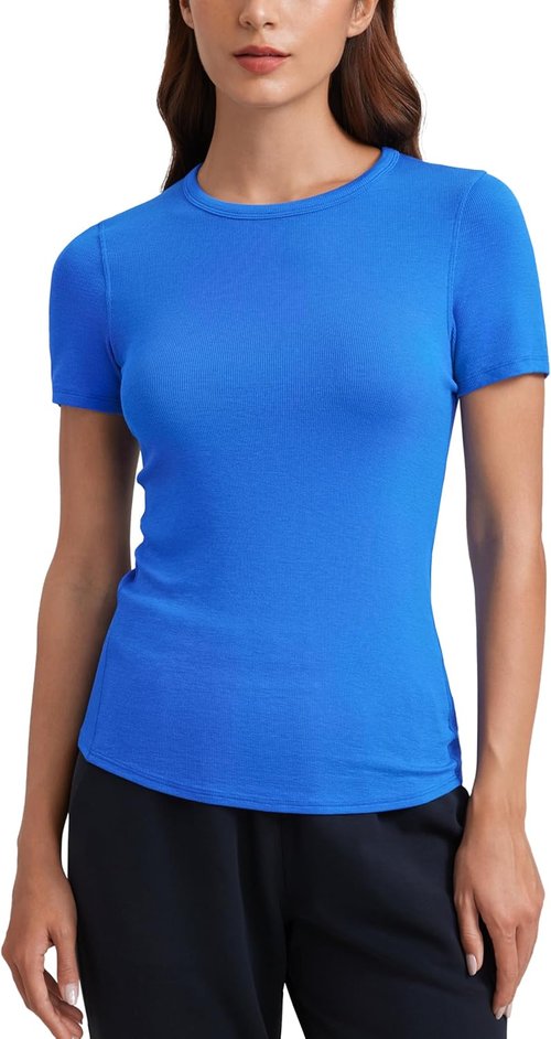 CRZ YOGA Womens Ribbed Modal Casual Short Sleeve Crew Neck Basic Shirts Going Out Soft Fitted Stretchy Athletic Workout Tops