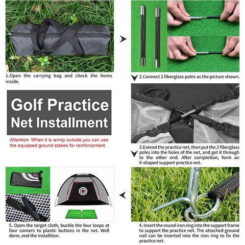 ASENVER Black Golf Practice Net Set - 6.6x4.4 FT with Hitting Mat, Target Cloth and Carrying Bag