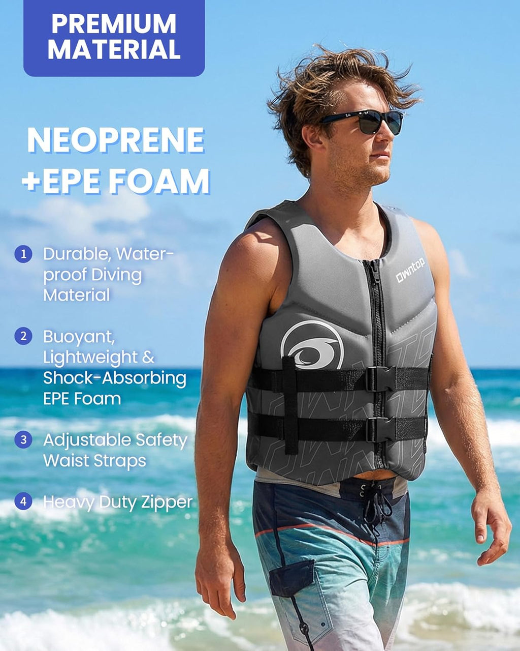 Owntop Swim Vest - Adult Neoprene Water Sport Floaties for Swimming, Boating & Kayaking | Adjustable Zipper & Dual Buckle