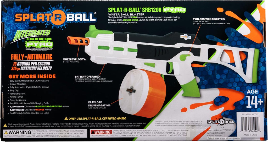 SplatRball Gel Ball Blaster Kit - 1200 Pyro Glow-in-the-Dark Water Beads | Shoots Up to 225 FPS