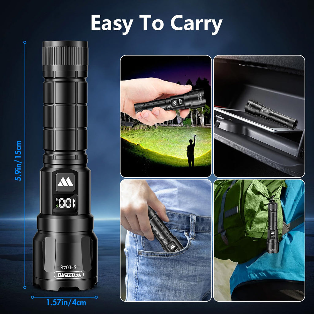 Wdtpro LED Rechargeable Flashlight 2Pack, 3Modes Super Bright High Lumens Flashlights, Zoomable Tactical Flashlight with LCD Display, IP65 Waterproof Flashlights for Home Emergency Camping & Gifts Men