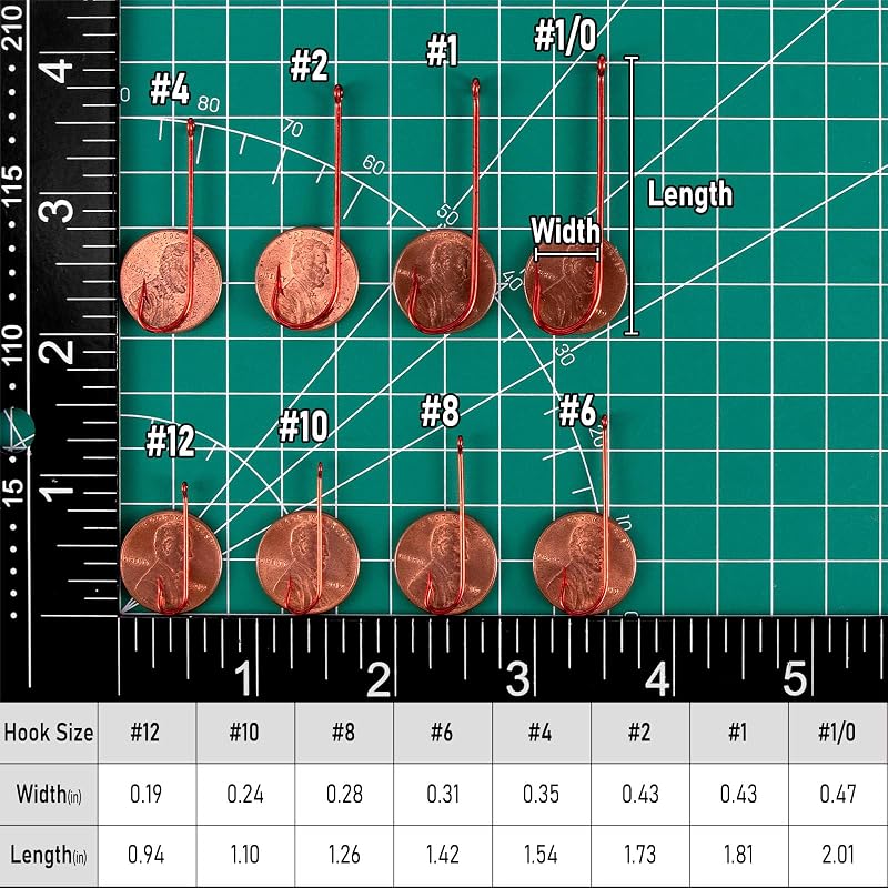 Dr.Fish 1/0-100 Pack Red Aberdeen Hooks - Extra Long Shank, Light Wire, Freshwater Bass Crappie