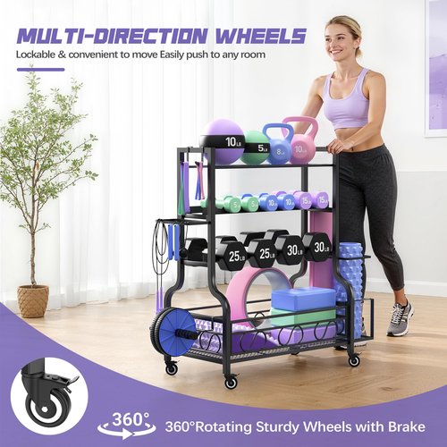 PARTPHONER Adjustable Dumbbell Rack, Weight Rack for Home Gym Storage, Home Gym Storage for Stores Dumbbells, Kettlebells and Yoga Mats, All in One Workout Storage Racks with Wheels and Hooks, Durable Powder Coated Steel