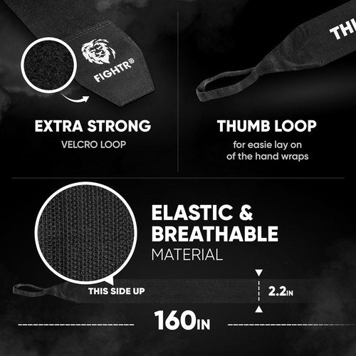 FIGHTR® Boxing Handwraps - 160-Inch Semi-Elastic Wraps with Thumb Loop for MMA & Martial Arts